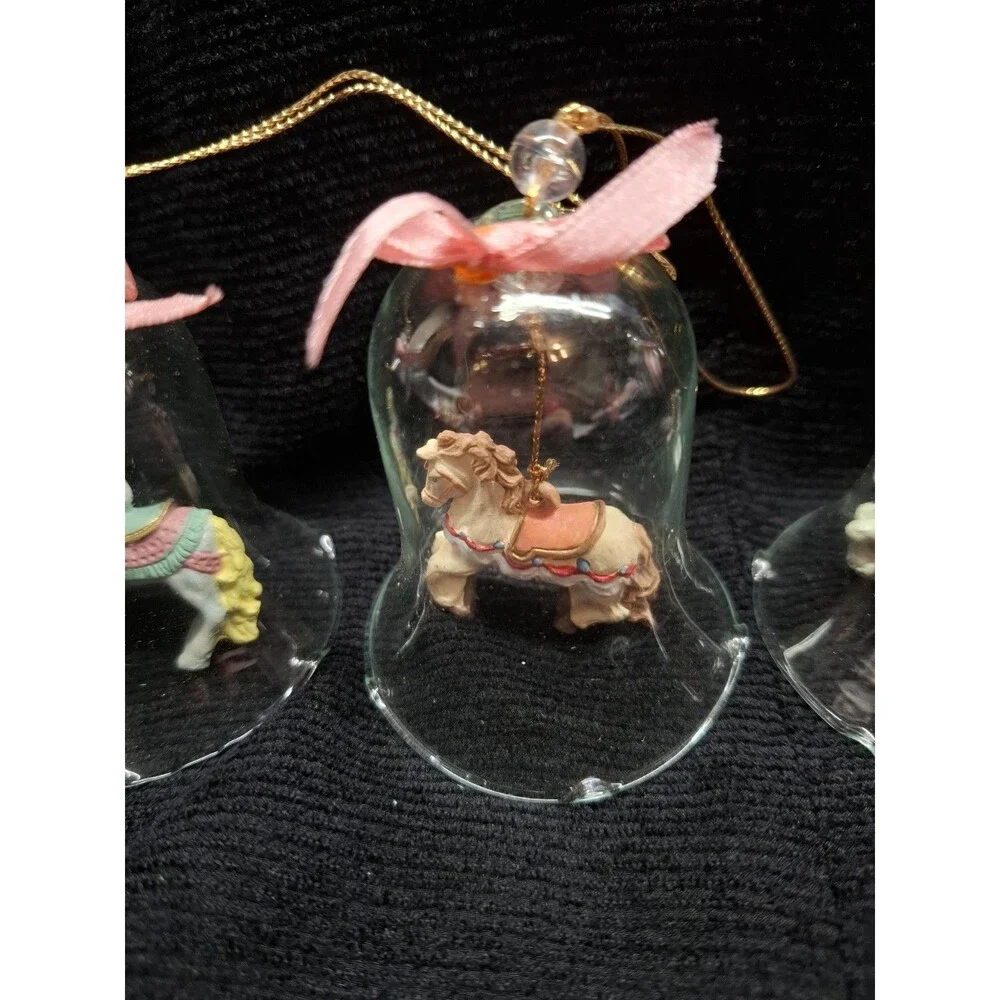 Vintage Clear Glass Bell Ornaments Carousel Horse Clapper Set 3 Christmas 3